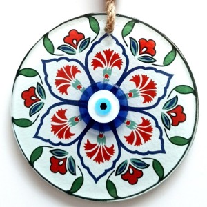 Karanfil Desenli Nazar Boncuklu Füzyon Cam Duvar Süsü