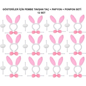 Pembe Tavşan Kostüm Seti – Taç, Papyon, Ponpon (12’li Paket)